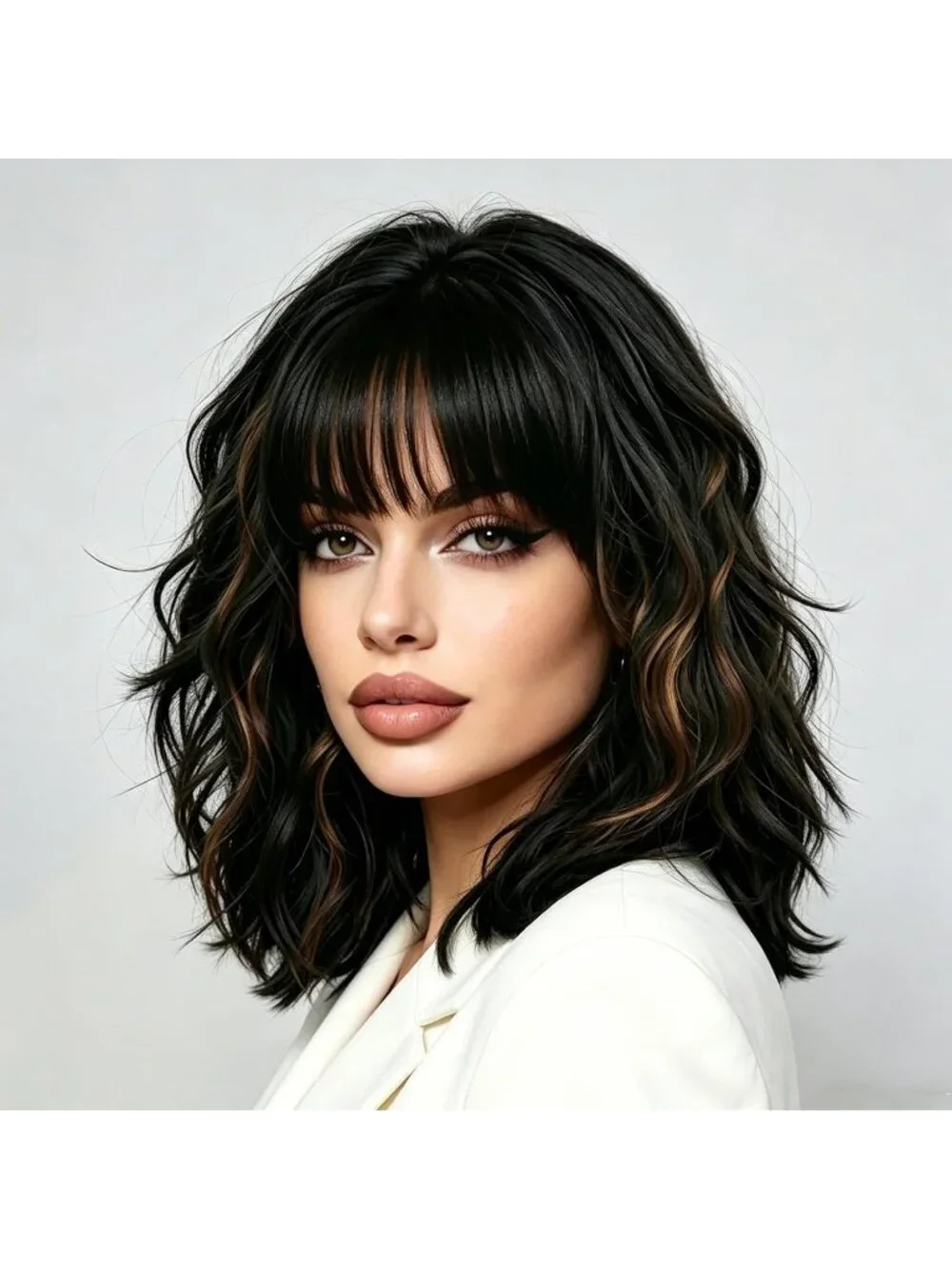 Women's Black Mixed Brown 14 Inch Heat Resistant Short Bangs Bob Modern Wavy Wig